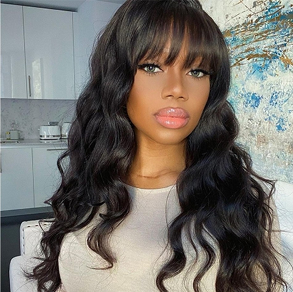 

Peruvian Body Wave Human Hair Wigs With Bangs Glueless Machine Made Wig For Black Women 130% Density, Natural color