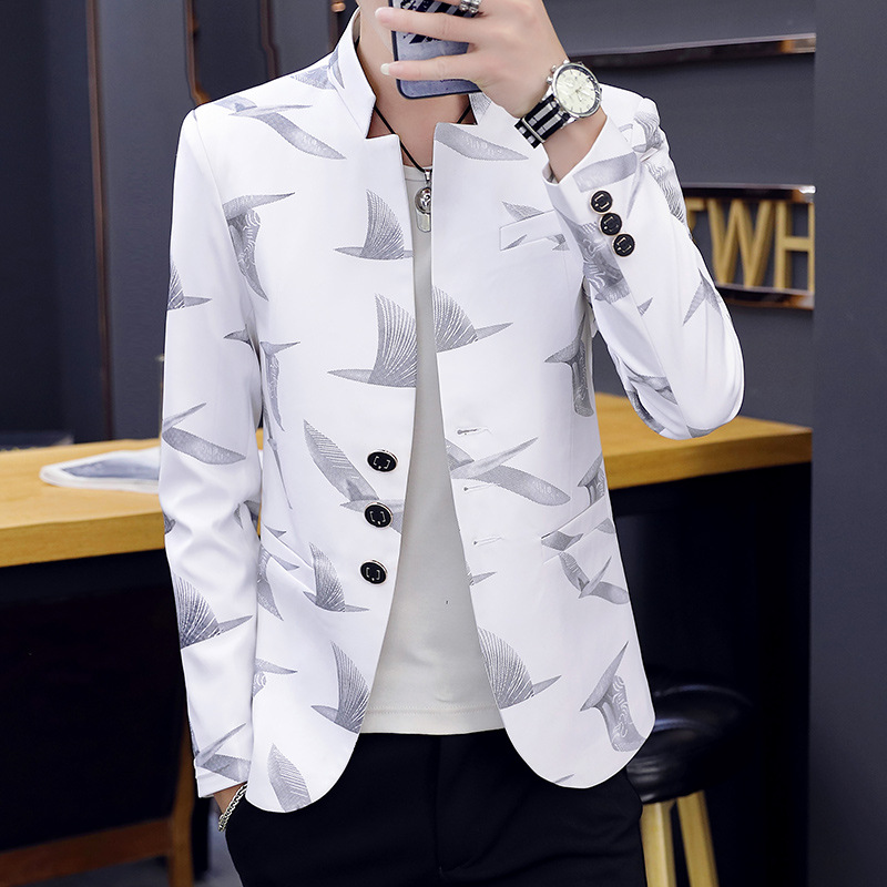 

Men Stand Collar Printed blazer Teenager Slim Fit Handsome blazer, Black