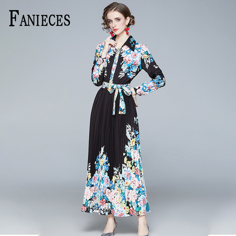 

Autumn Winter Women Fashion Design Runway Dresses With belt Long Sleeve Elegant Vintage Print Maxi Dress Vestido femme robe 210520, White