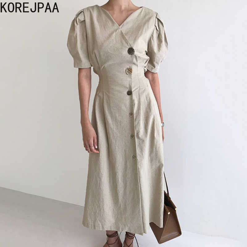 

Korejpaa Women Dress Summer Korea Chic Temperament Elegant V-neck Side Single-row Buckle Waist-slim Bubble Sleeve Vestido 210526, Orange