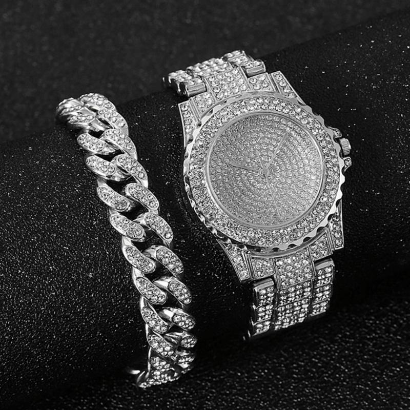 

Wristwatches Watch + Bracelet For Women Cuban Chain Charm Iced Out Fashion Luxury Gold Set Jewelry Relojes, Slivery;brown