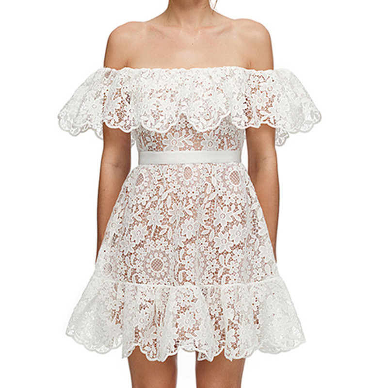 

Short Dress 210416 Shoulder Slash Neck White Lace Summer Women Hollow Out Floral Crochet Ruffles Beach Boho Fashion Off The, Black;gray