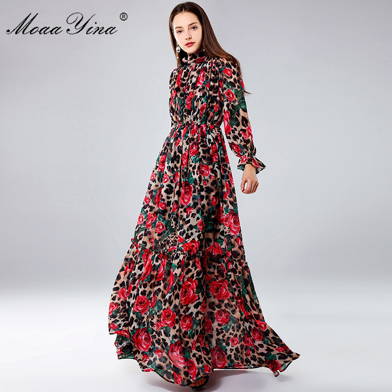 

Fashion Designer Maxi Dresses Women's Long Sleeve Sexy Leopard print Rose Floral Elegant Party Holiday 210524, Multi