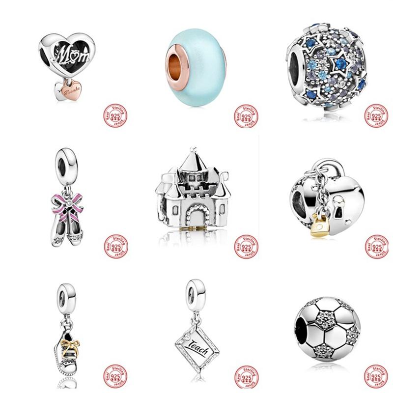 

Other 925 Sterling Silver Heart Shape Mom Pendant Castle Football Beads Fit Original Charms Bracelet Bangle Women DIY Jewelry