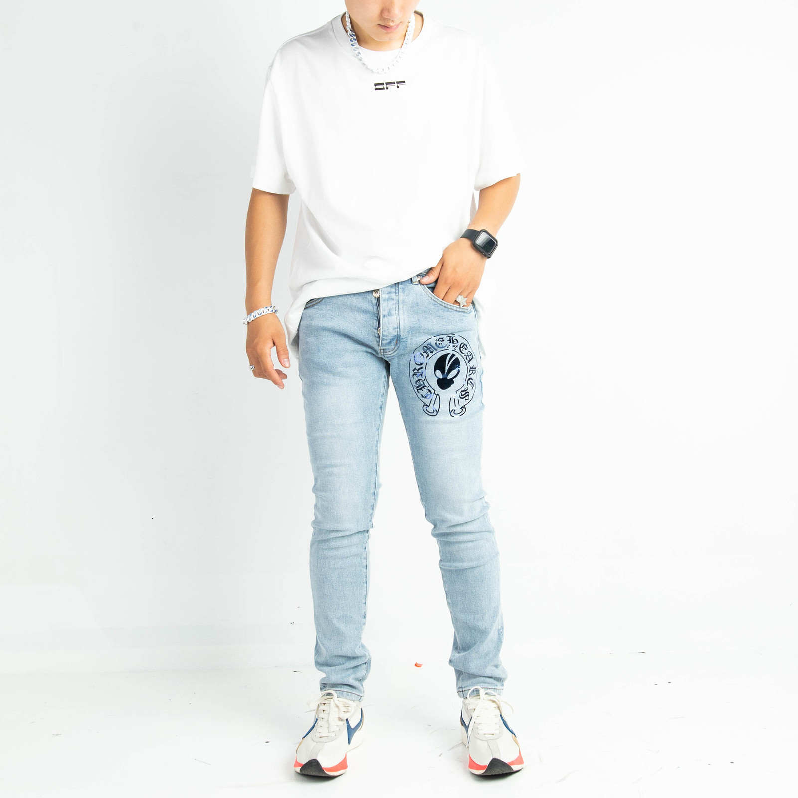 

jeans gaojiechao brand wash printing slim fit small feet versatile light color men's fashion, Blue