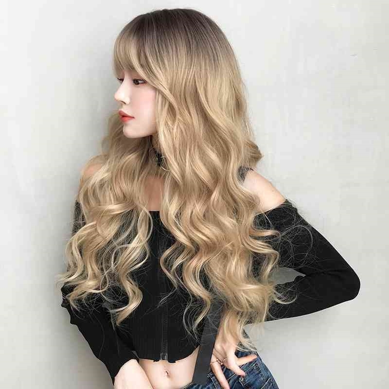 

wig Seven street queen women's natural gold long curly hair windy wave air bangs full headgear, Black tan