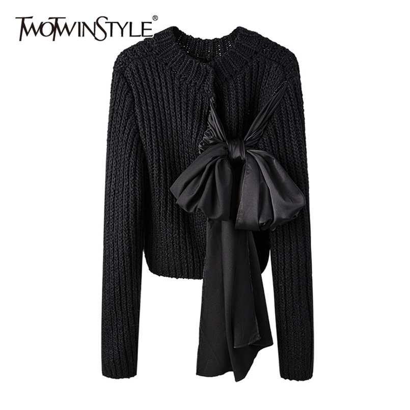 

Elegant Patchwork Bowknot Sweater For Women O Neck Long Sleeve Black Knitted Pullovers Female Fashion Clothing 210524