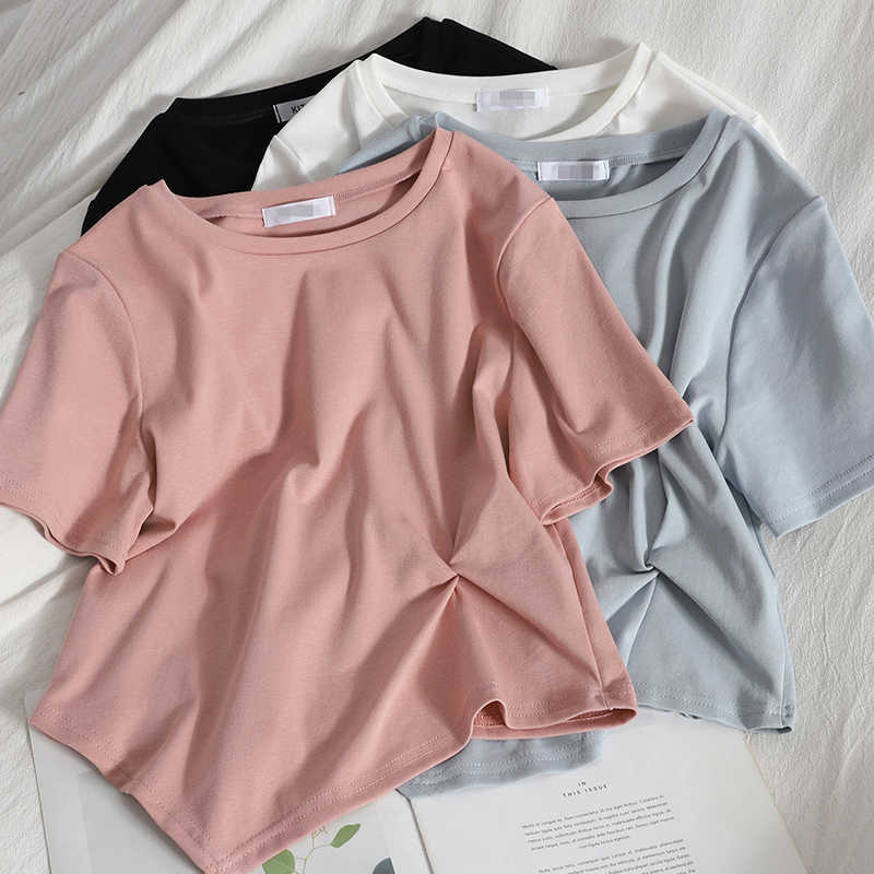 

VANOVICH Spring and Summer T Shirts Women Solid Color Wild Casual Ladies Irregular Round Collar Clothing 210615, Pink