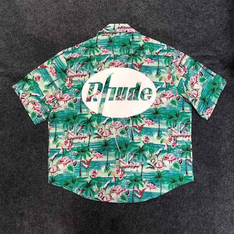 

22ss All-over Flamingo Print Short Sleeve Rhude t Shirt Men Women Eu Size 100% Cotton Top Tees Fashion Summer Skateboard, Green