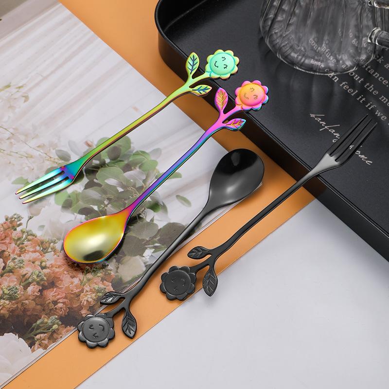 

Dinnerware Sets Stainless Steel Sunflower Flower Dessert Spoon Fork Flatware Cutlery Tableware With Black Gift Box