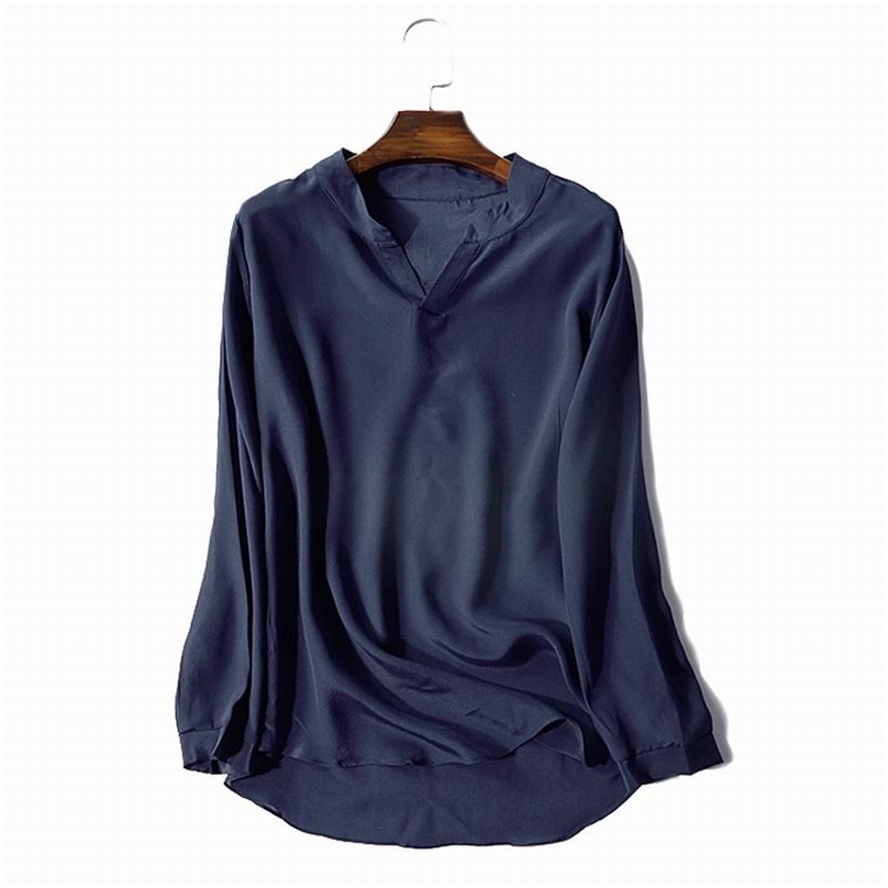 

100% Silk Blouse Top Women High Quality Pure Shirt Blue Summer Broken Size Limited Quantities 210719, Army green