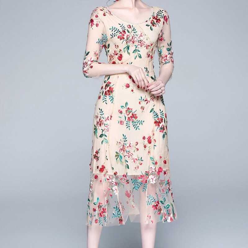 

ZAWFL Embroidery Half Sleeve Ruffle Dress Women O-Neck Lace Mesh Patchwork Print Dresses Woman Clothing Vestidos 210525, Picture color
