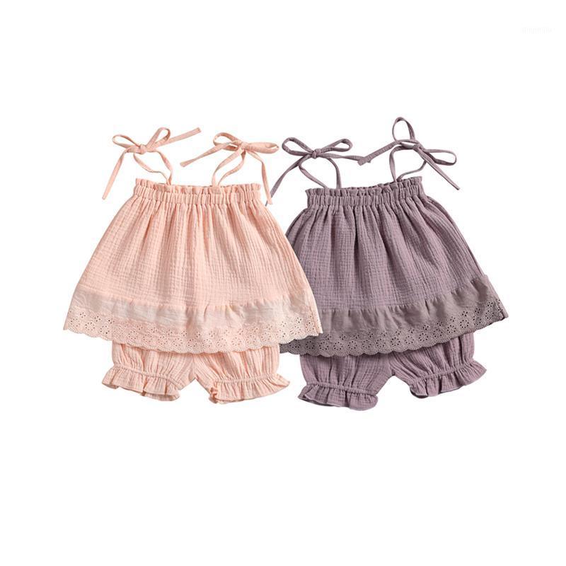 

Clothing Sets 2021 Kid's Two Piece Set Infant's Lace Up Camisole Hollow Out Floral Hem Tops Shorts Girls Baby Outfits Suits, White