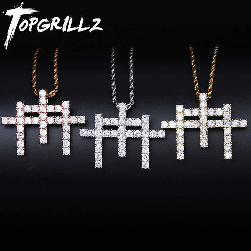 

TOPGRILLZ AAA Cubic Zircon Shining Solid Back Gunna Cross Pendant Necklace With Tennis Chain Hip Hop Jewelry For Man Gift X0707