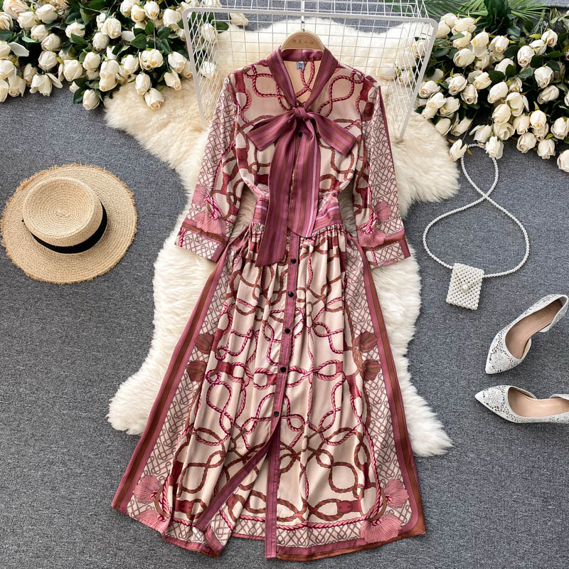 

2021 Spring Summer Runway Long Sleeve Women's Casual Dresses Bow Neck Vintage Print Elegant Party Dress Ladies Clothing, Same as picture