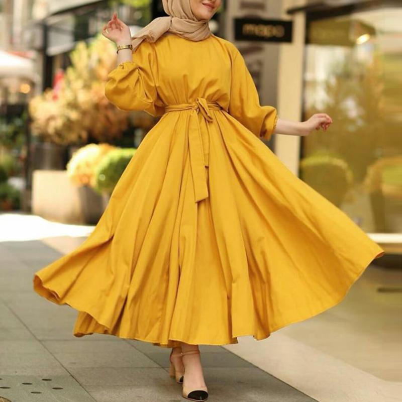 

womens autumn sundress vintage solid maxi dress zanzea 2021 casual puff sleeve vestidos female o neck robe belted plus size 5xl, Black;gray