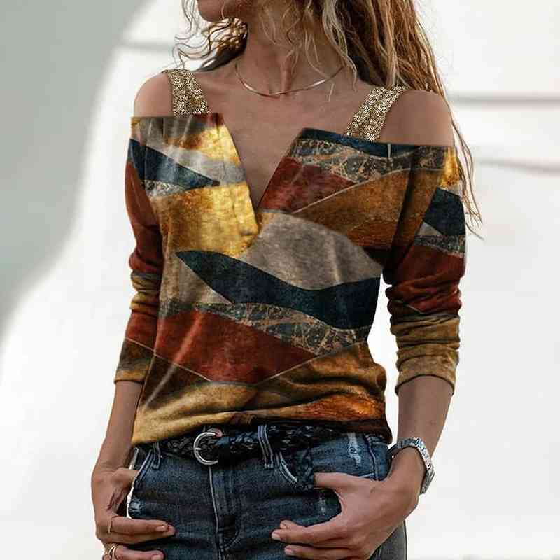 

Casual Women V Neck Color Block Blouses Shirts Elegant Hollow Out Halter Pullover Tops Sexy Striped Patchwork Long Sleeve Blusas 210603, Photo color