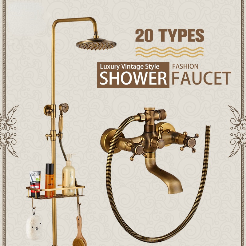 

Antique Brass Bathroom Shower Set Faucet With Commodity Shelf Hangers 8" Rainfall Head Wall Mounted Bath Mixer Tap