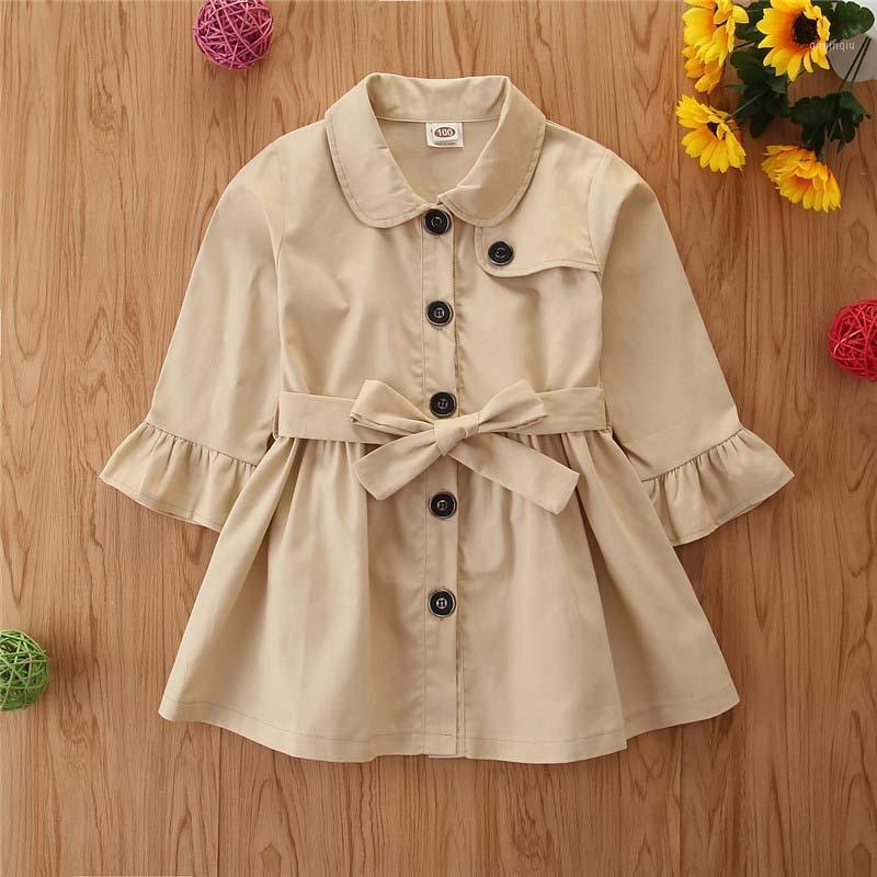 

Coat Fashion Girls Trench Autumn Long Coats Girl Kids Ruffle Sleeve With Sashes Solid Casual 3 7Y Children Clothing, Blue;gray