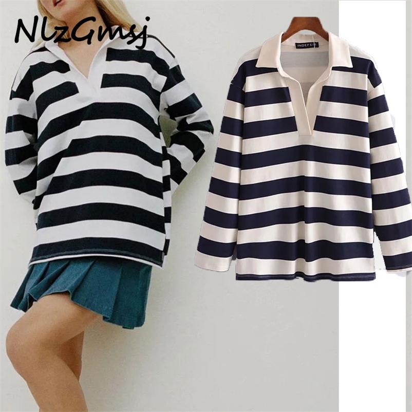 

T-Shirt Women Spring Fashion Balck White Stripe Vintage Long Sleeve Loose Lapel T shirt Female Chic Tops 03 210628, As picture