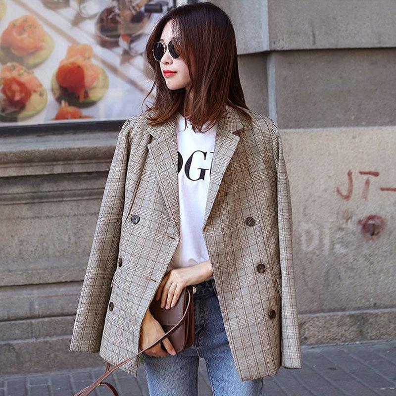 

Women' Suits & Blazers 2021 Early Autumn Pattern Notched Collars Double-breasted Suit Loose Coat Long Sleeve Vintage Plaid Outerwear, As pic