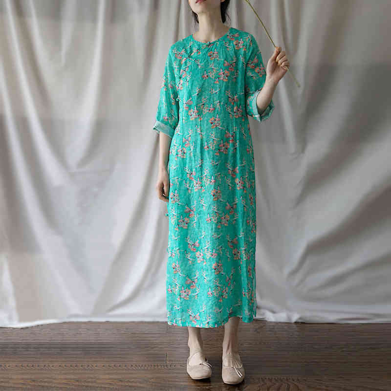 

Johnature Vintage Straight Three Quarter Sleeve Print Ankle-length O-neck Summer Dress National Style Linen Casual Women Dress 210521, Green
