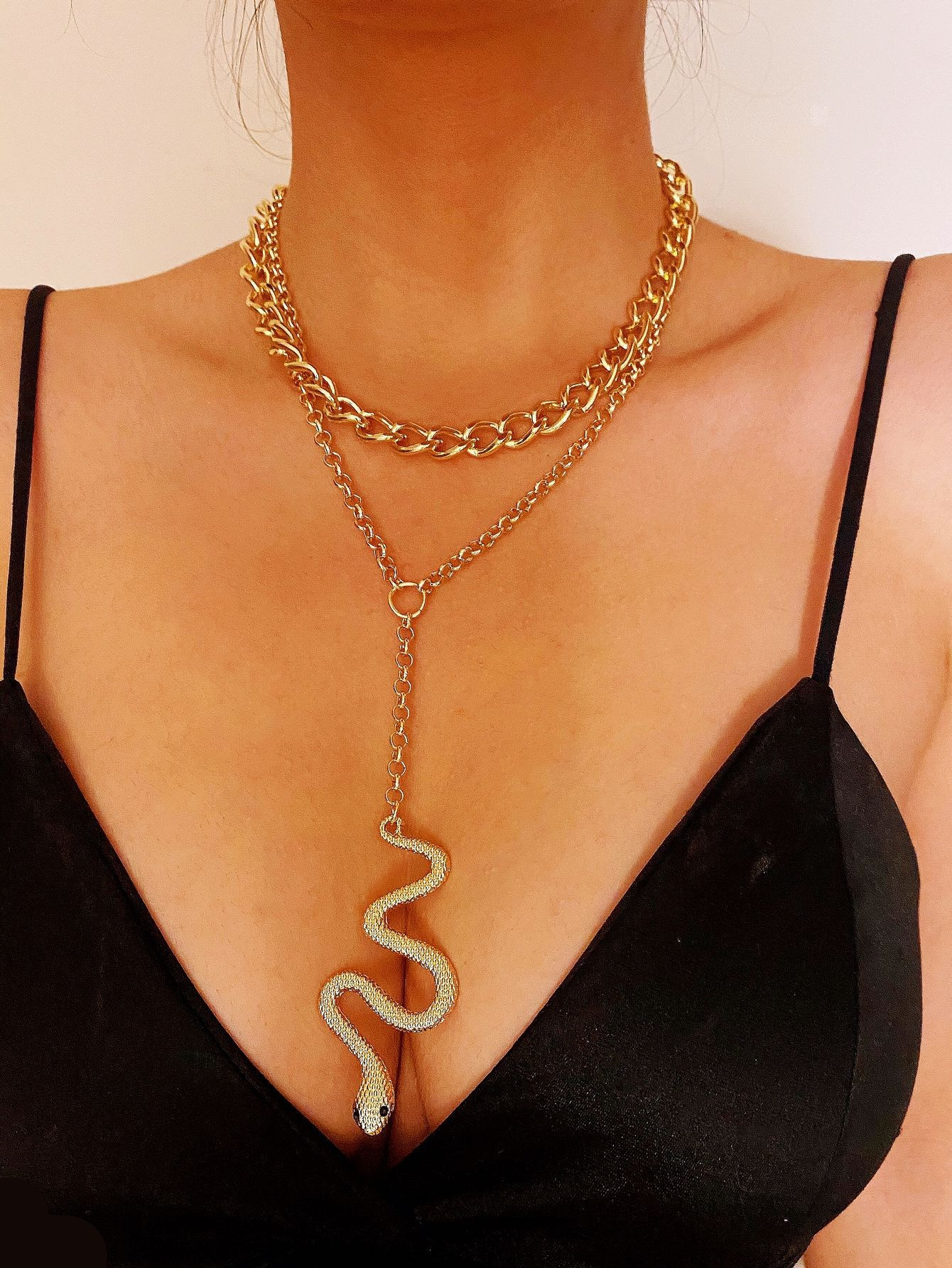 

Snake pendant necklaces link chain dainty double layering gold plated necklace lobster clip animal simple cute choker layered neck jewlery long wearing