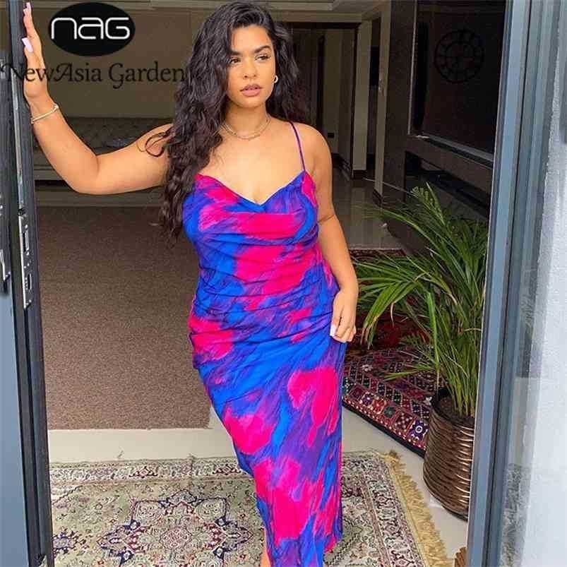 

Asia Summer Woman Print Dress Paghetti Straps Sexy Backless Sleeveless Blue Maxi Women Clothing Party es 210701