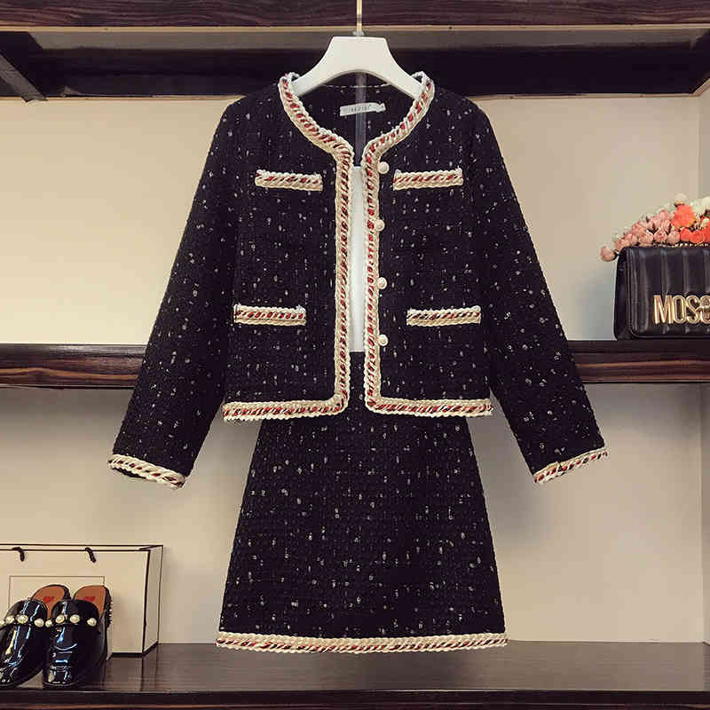 

High Quality Balck Tweed Winter Chic Dot Jacquard Suits For Women Fashion Colorful woven trim Jacket +Mini Skirt 2 piece Sets 210525, Black