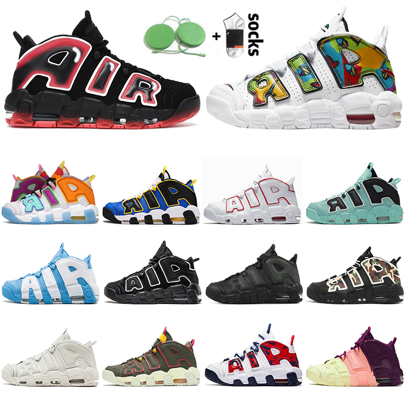 

New Laser Crimson More Uptempo Mens Basketball Shoes Peace Love Camo University Red UNC Scottie Pippen Olympic Rosewell Raygun Women Trainers Air Sneakers, Original box