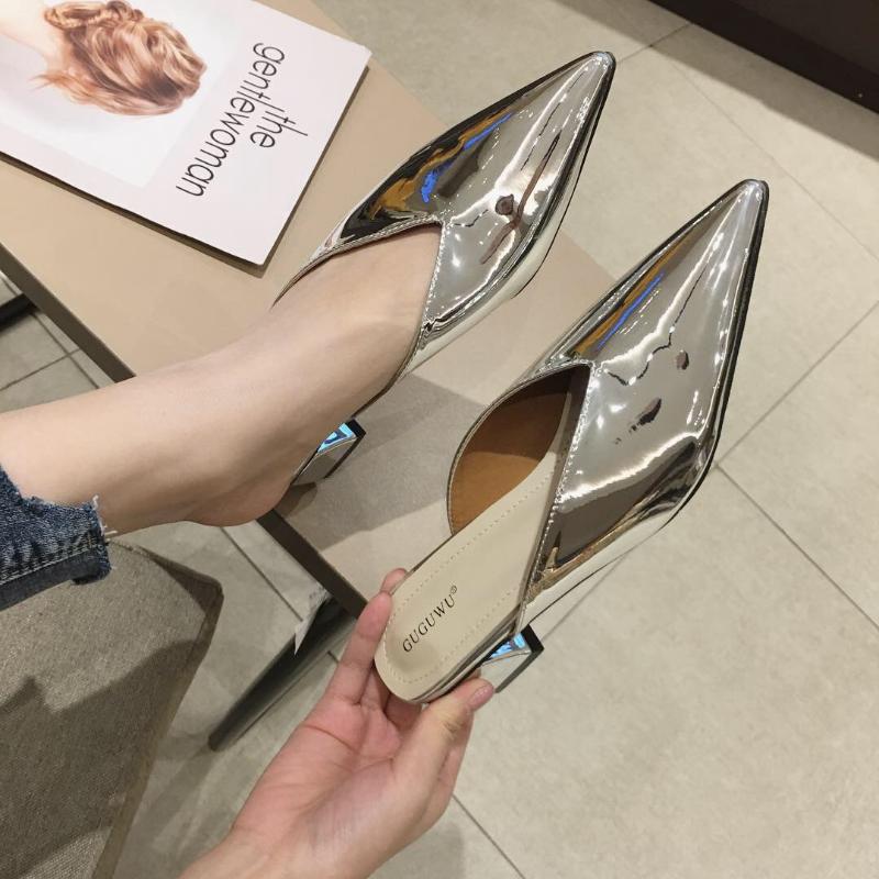 

Dress Shoes 2022 Pointed Toe Patent Leather Chunky Silver High Heels Sandals Black Pumps Casual Mules Slipper Ladies Medium