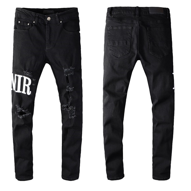 

Top Brand Straight Distressed Jeans Motorcycle Ripped Holes Black Color Mens Jean Casual Slim Fit Letter Printed Denim Pants 100% Cotton, Black #649