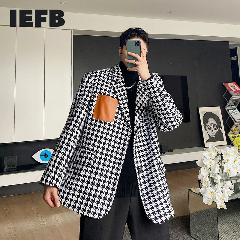 

IEFB Spring And Autumn Korean fashion plaid pattern patchwork single pockets suit coat for men trend big size blazers 9Y4688 210524, Black and white
