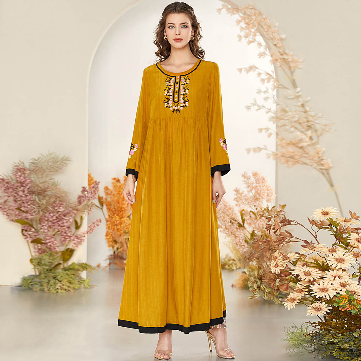 

Eid Dubai Mubarak Embroidery Abaya Muslim Dress Women Turkey Floral Moroccan Kaftan Party Vestido Clothing Musulman Ropa Jubah