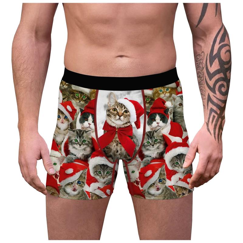 

Underpants Men Christmas Stylish Printing Shorts Underwear Mid Waist Elastic Waistband Boxer Brief Breathable Swimming Bathing, Black;white