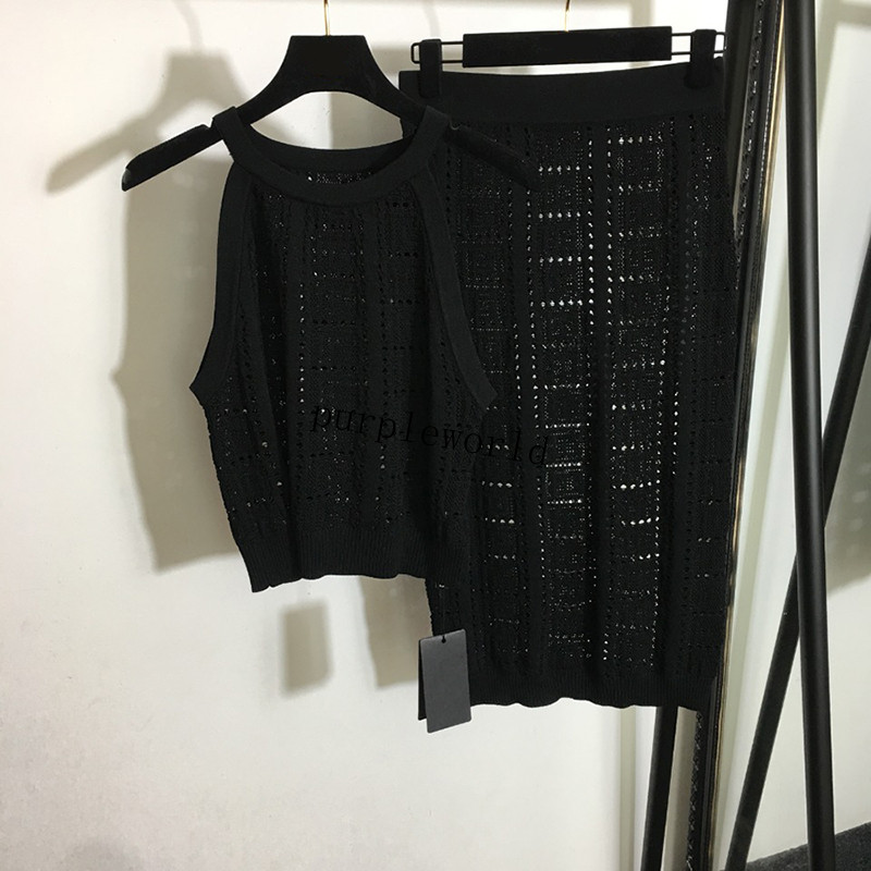 

Summer Hollow Dresses Vests Classy Sleeveless Ladies Dress Vest Fashion Knit Designer Women Tops Skirts, Black