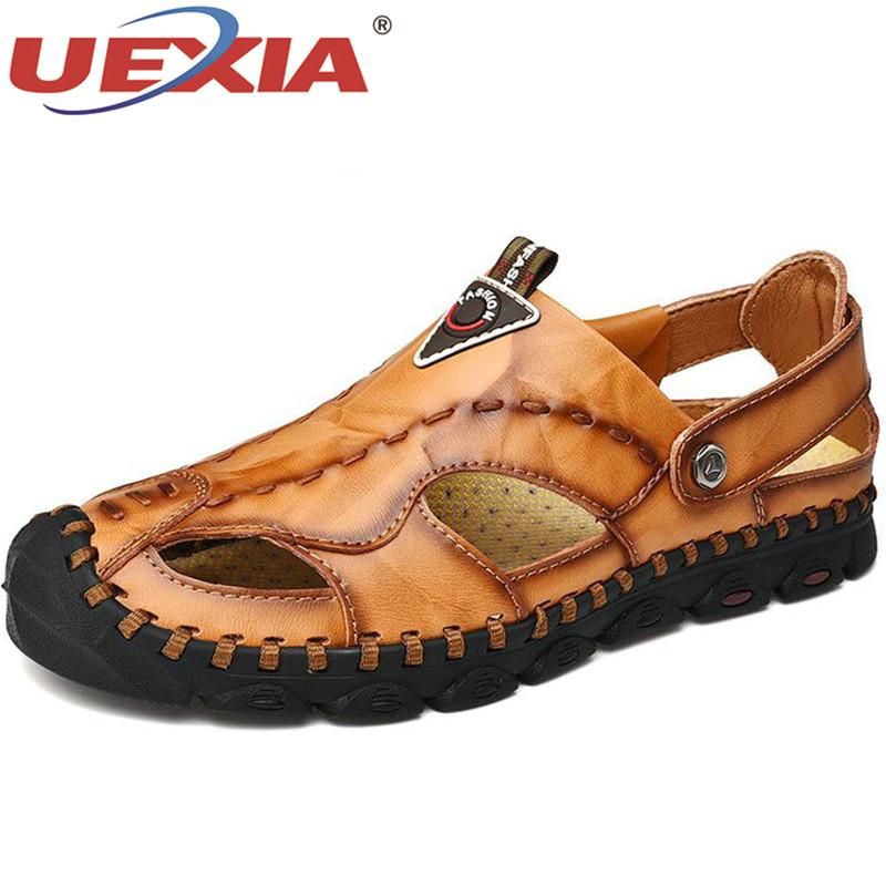 

Sandals UEXIA Men Casual Leather Outdoor Summer Handmade Beach Shoes For Male Breathable Footwear Slip On Walking, Black