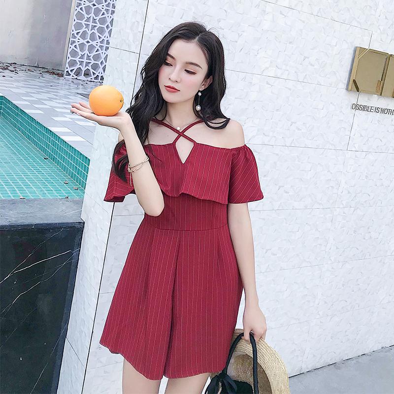 

Women's Jumpsuits & Rompers 2021 Summer Fashion V-neck Cross Sling Ruffled Off Shoulder Stripe Waist Slimming Short Jumpsuit Wide-leg Pants, Black;white