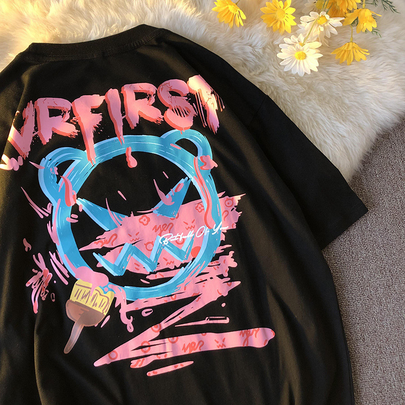 

men's t shirts 2021 summer fashion brand creative cartoon graffiti printed short sleeve t-shirt loose large round neck, White;black