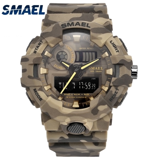 

New Camouflage Military Watch SMAEL Brand Sport Watches LED Quartz Clock Men Sport Wristwatch 8001 Mens Army Watch Waterproof X0524, Khaki