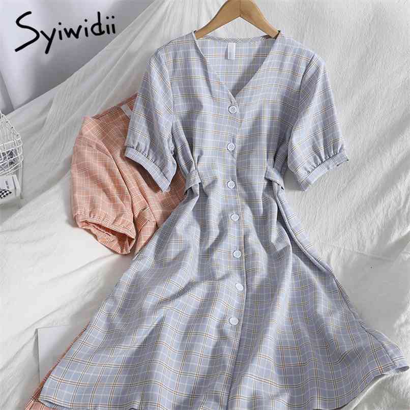 

Plaid Dress for Women Summer Button Up Puff Sleeve V-Neck with Belt Office Lady Midi Dresses Blue Green Yellow 210607, Orange pink