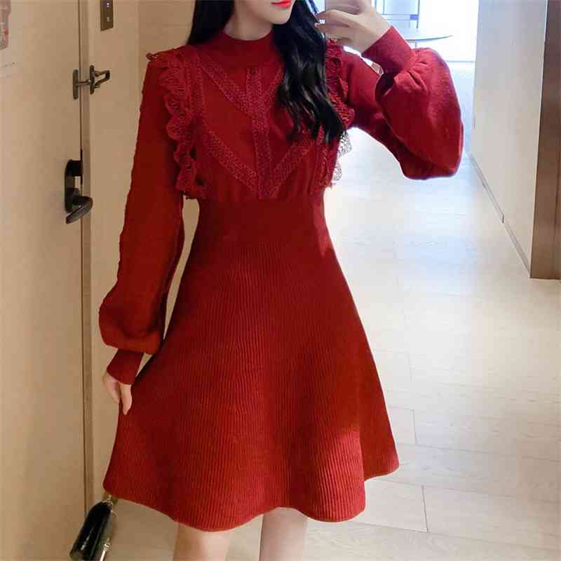 

Autumn/Winter Lace Patchwork Knitted Dress Women Girls Sweet Lantern Sleeve Sweater A Line Vestidos 210520, Photo color