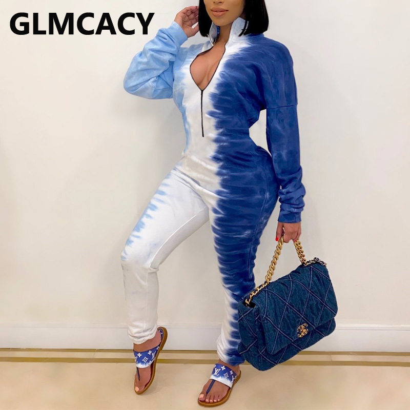 

Women Tie Dye Printed Zipper Front Jumpsuit Slim Chic Ovveralls Jumpsuits, Orange