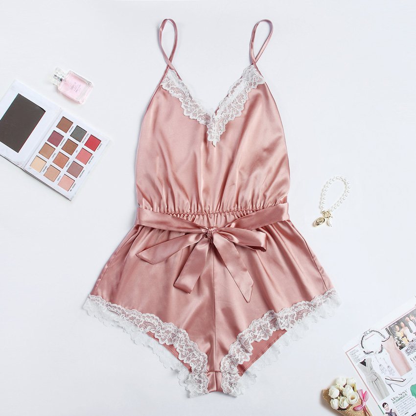 

Sexy romper elegant bodysuits satin pajamas belt playsuit casual holiday body mujer jumpsuits comfy nightdress, Lavender