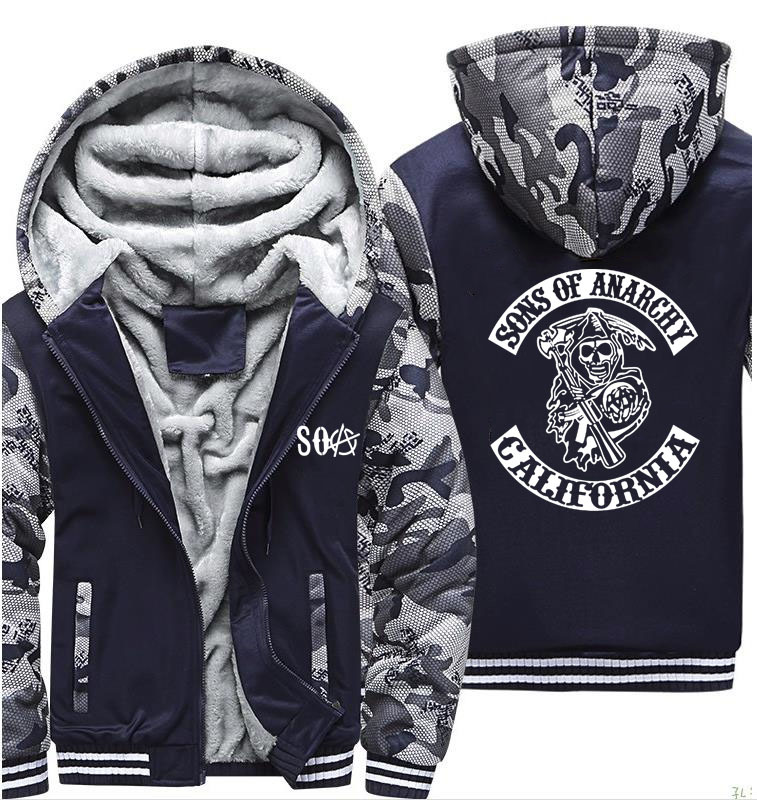 

Soa Sons of Anarchy Winter Fleece Thicken Warm Camouflage Coat Zipper Sweatshirt Samcro Print Mens Hoodies Jacket, 810