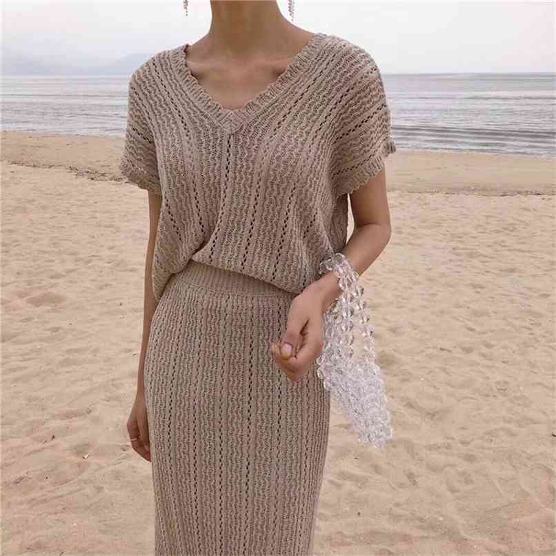 

Casual women's suit spring and summer knitted simple short-sleeved T-shirt + half-length skirt two-piece 210520, Apricot