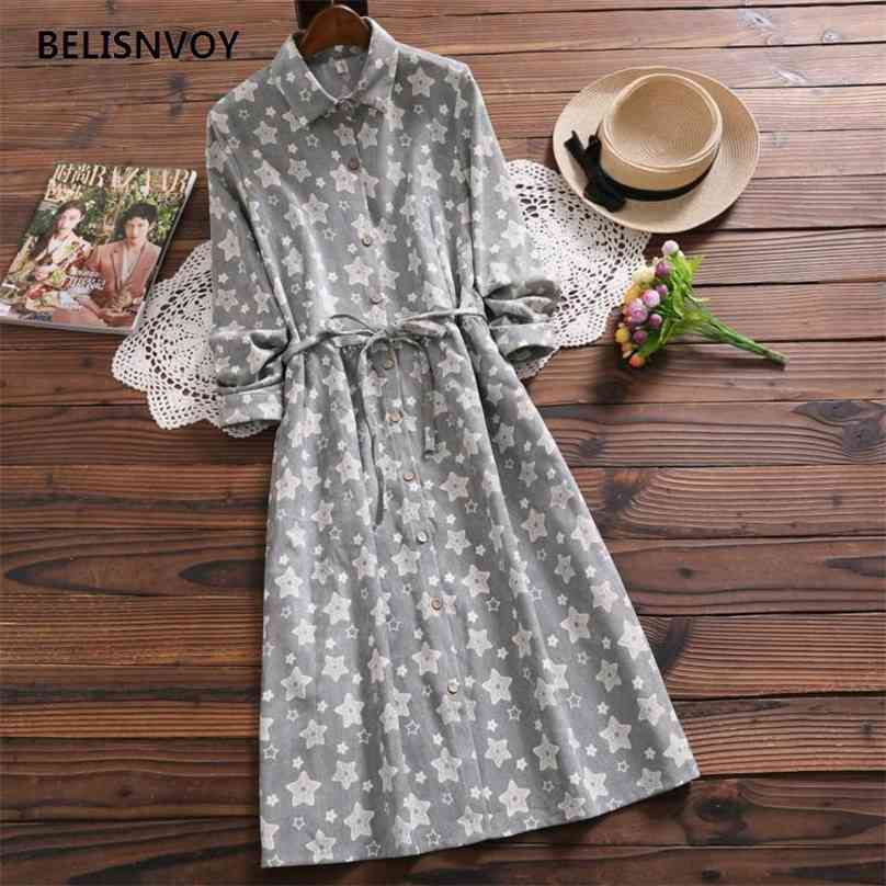 

Mori Girl Autumn Winter Women Ruffled Long Shirt Dress Elegant Corduroy Gray Stars Loose Vintage Cardigan 210520