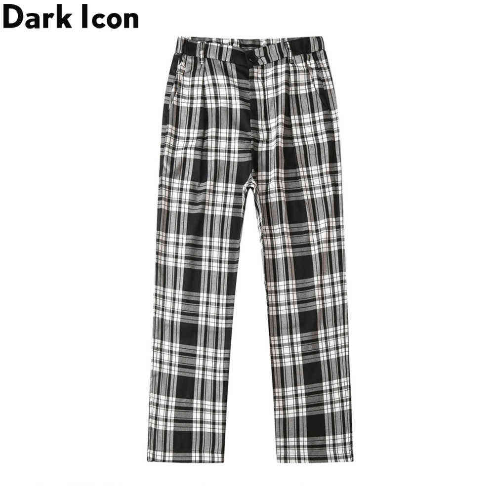 

Plaid Pants Men Elastic Waist Straight Full Length Men's Checkered Pants 210603, Black