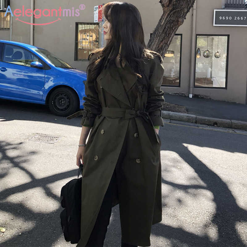 

Aelegantmis Women Stylish Double Breasted Long Trench Coat With Belt Casual Slim Office Coats Lady Oversized Windbreaker Outwear 210607, Khaki