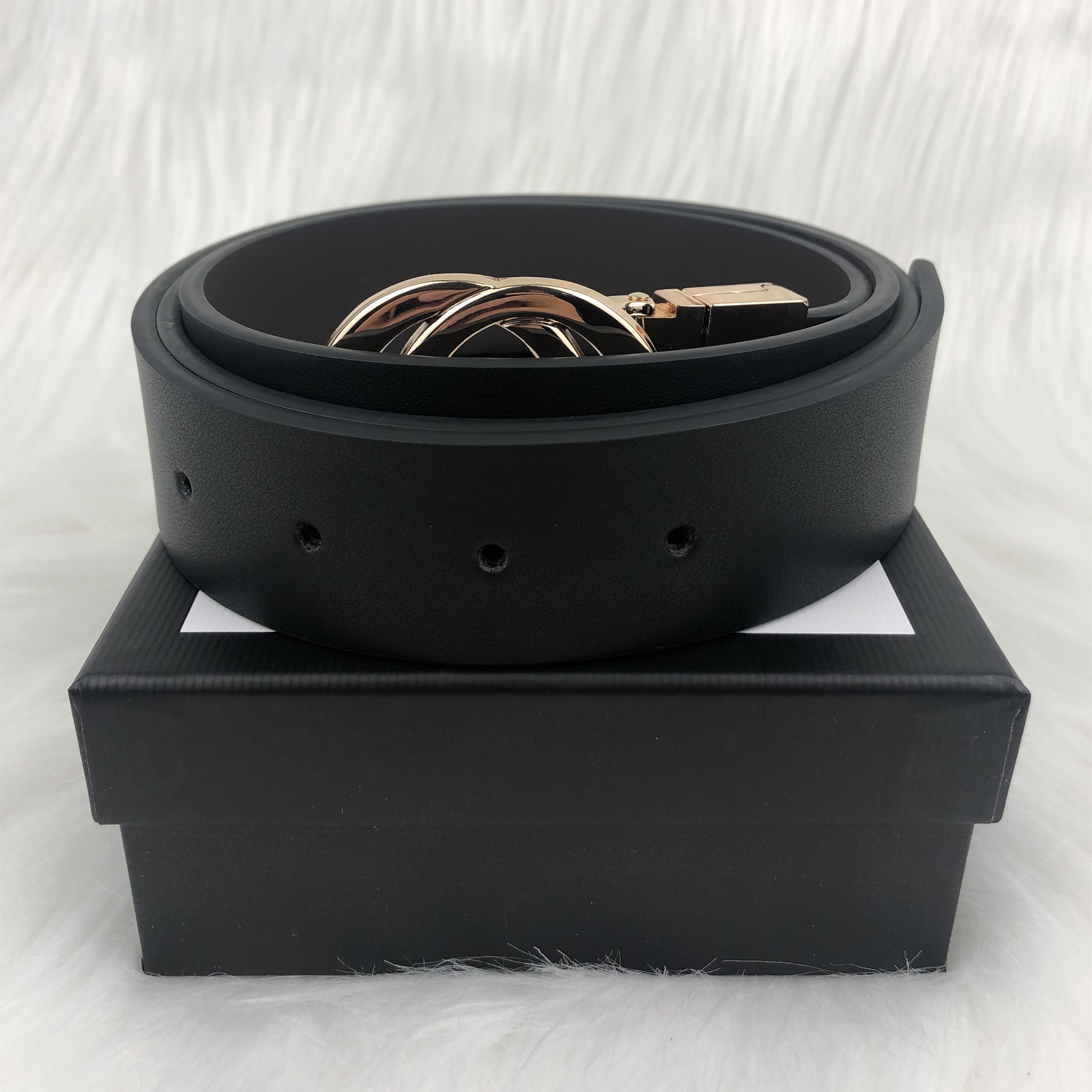 

mens leather belt steel buckle rotatable womens casual belts three colors width 3.4cm length can be cut with box, Black;brown